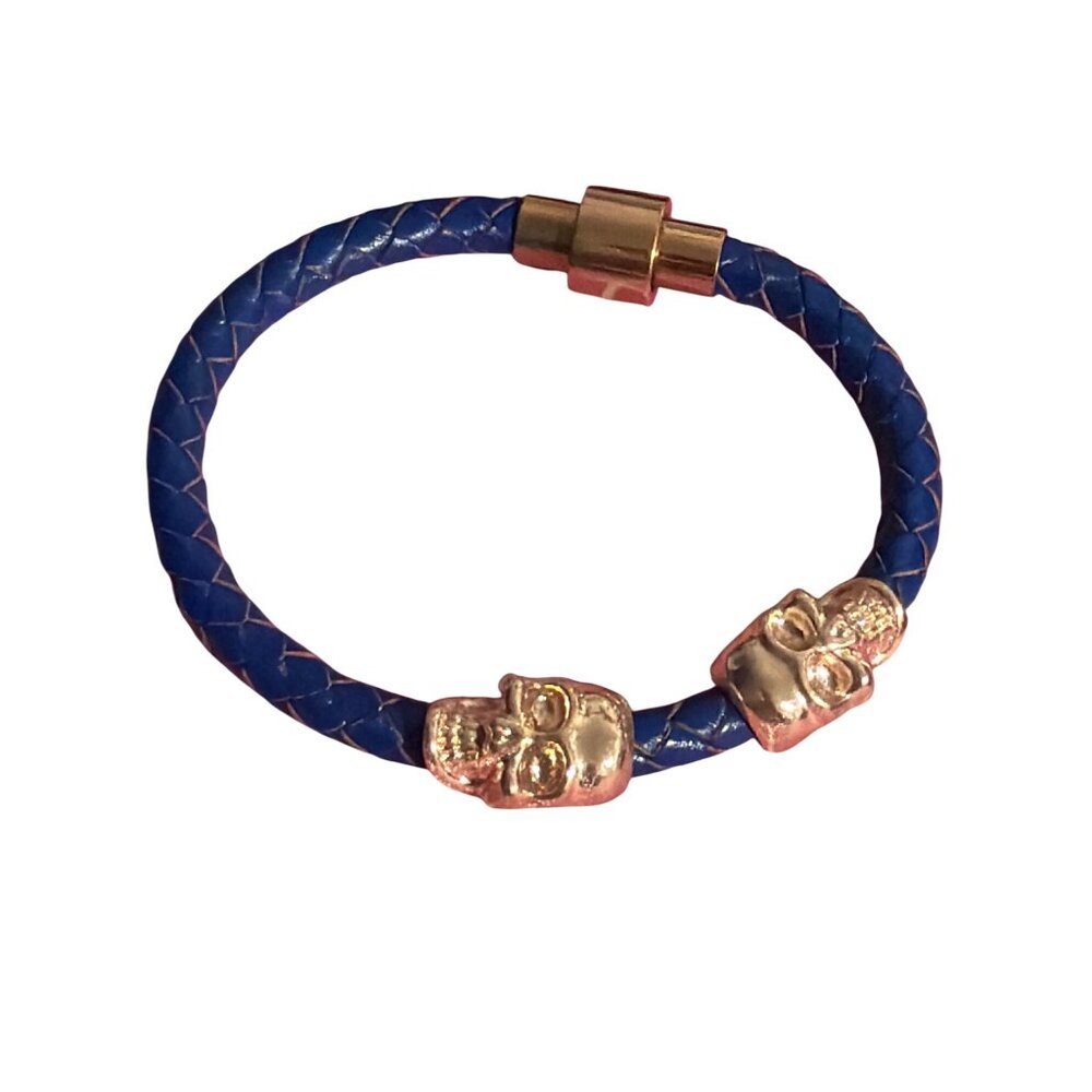 Twin Skull Blue Braided Leather Bracelet Rose Gold Tone Magnetic Clasp 6.5"